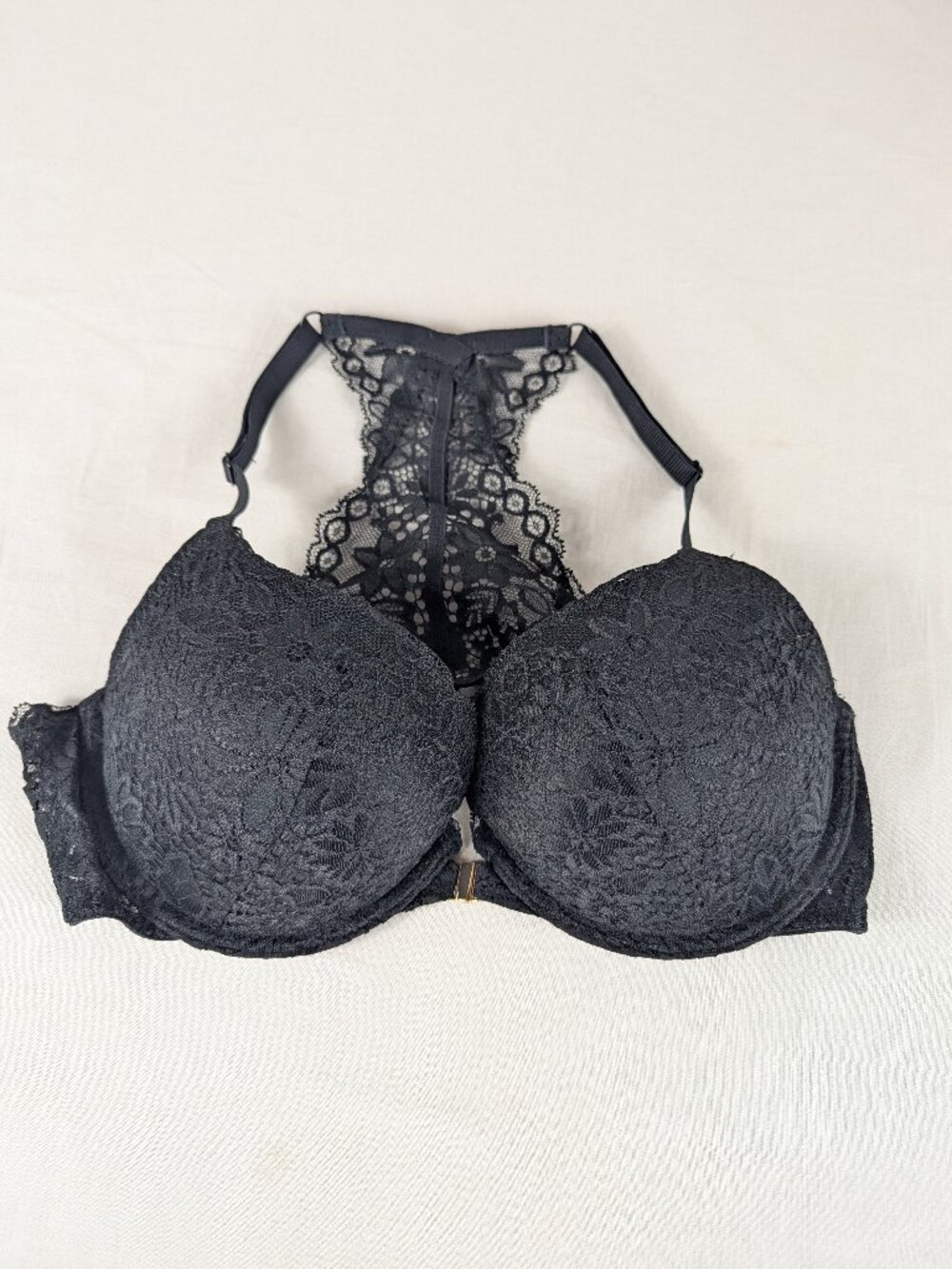 Auden Plunge Coverage Push Up Bra Racerback Front Clasp Black Lace 38B